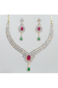 American Diamond Necklace with Ruby and Emeralds